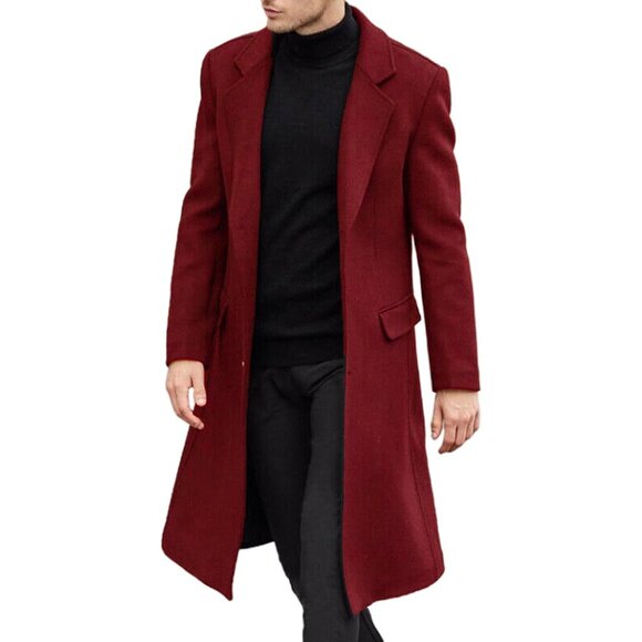✨Men Red Casual Trench Coat Slim Fit Notched Collar Long Jacket Pea Overcoat